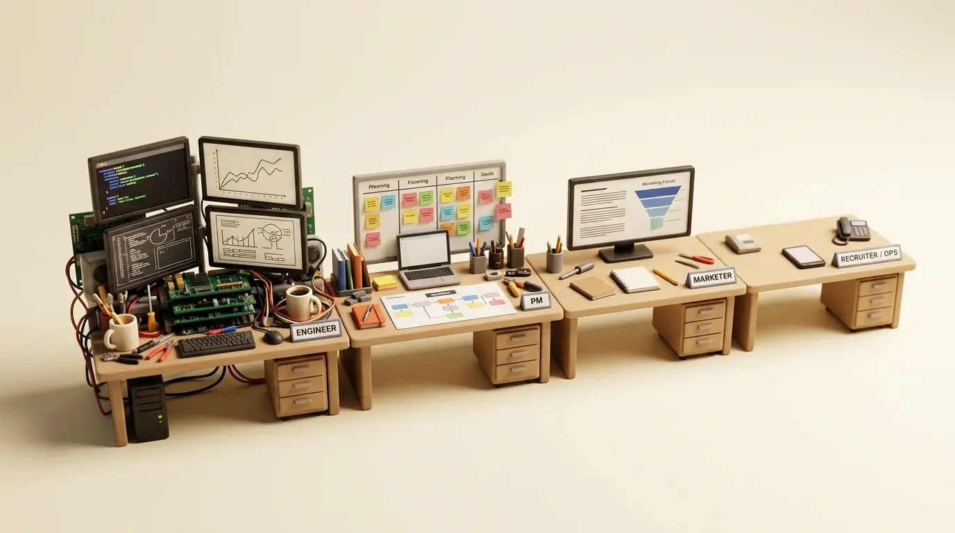 Мініатюрний офіс, де люди в різних ролях помітно по-різному використовують інструменти зі ШІ.