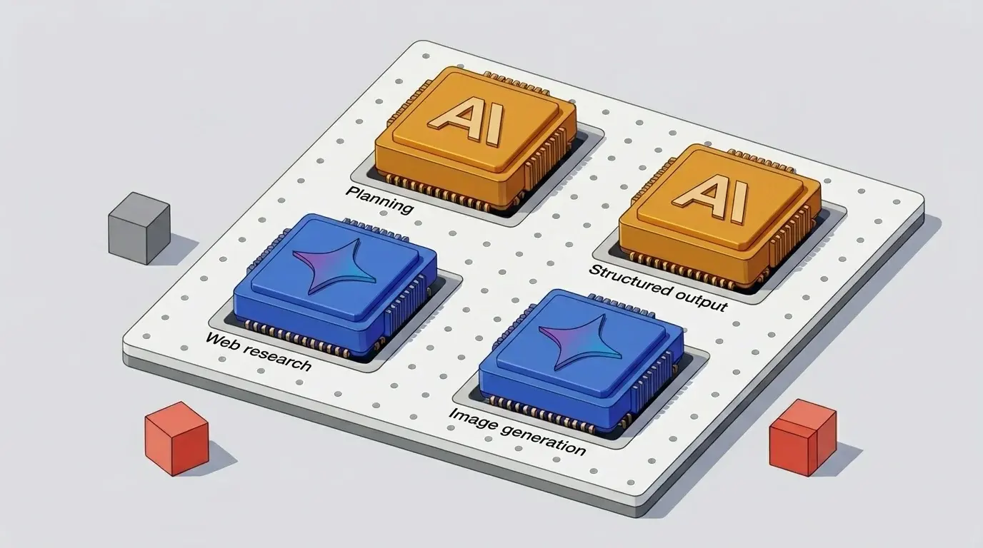 Модульна схема, де Anthropic відповідає за планування і структурований результат, а Google — за веб-пошук і генерацію зображень.