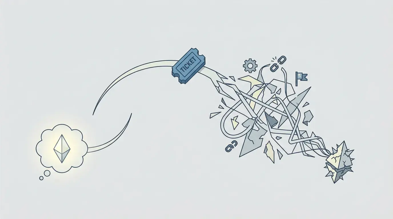 Ілюстрація, де тікет вилітає з чіткої ідеї й влітає в хаос припущень щодо реалізації.