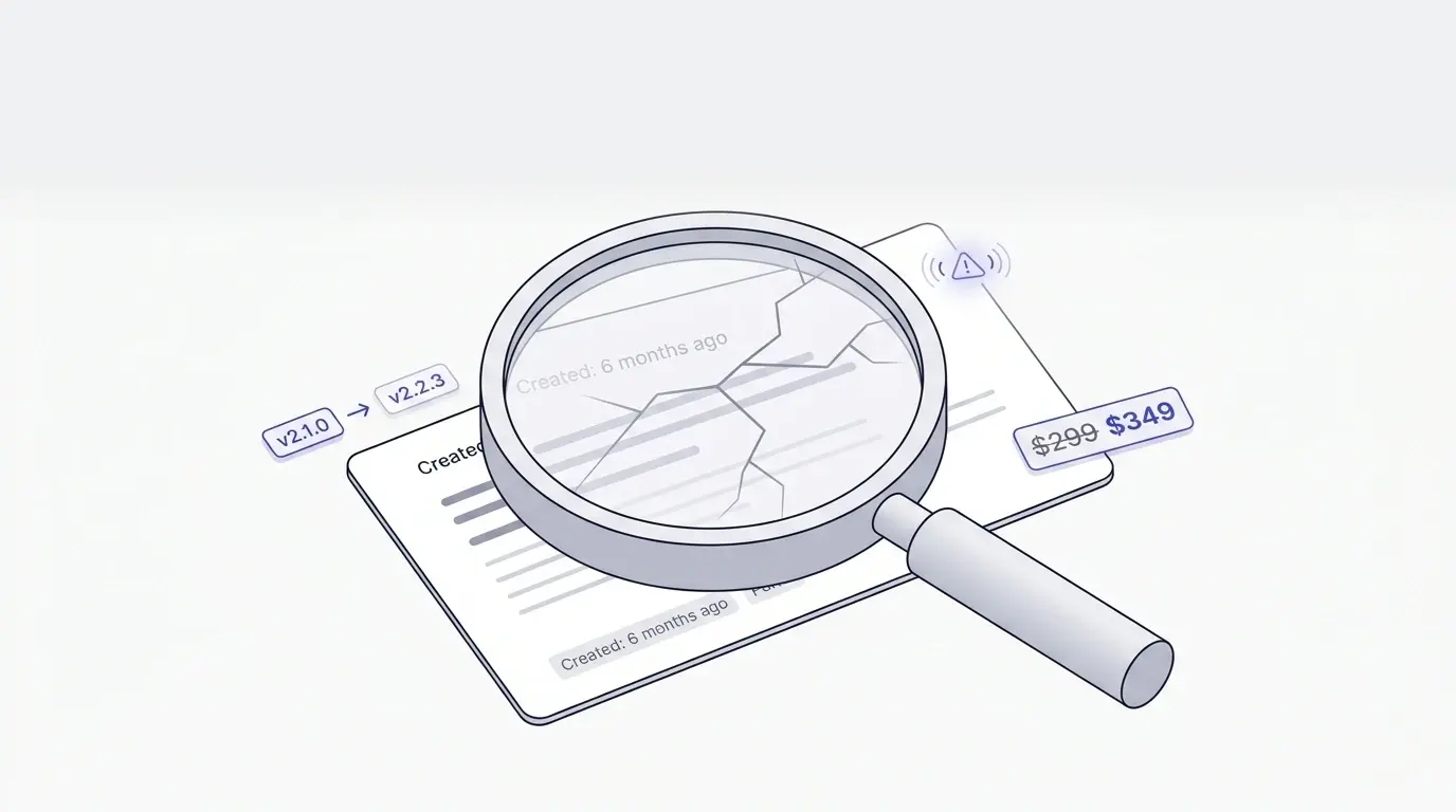 Застарілий тікет під збільшувальним склом поряд із документацією, у якій уже змінилися ціни, версії та правила.