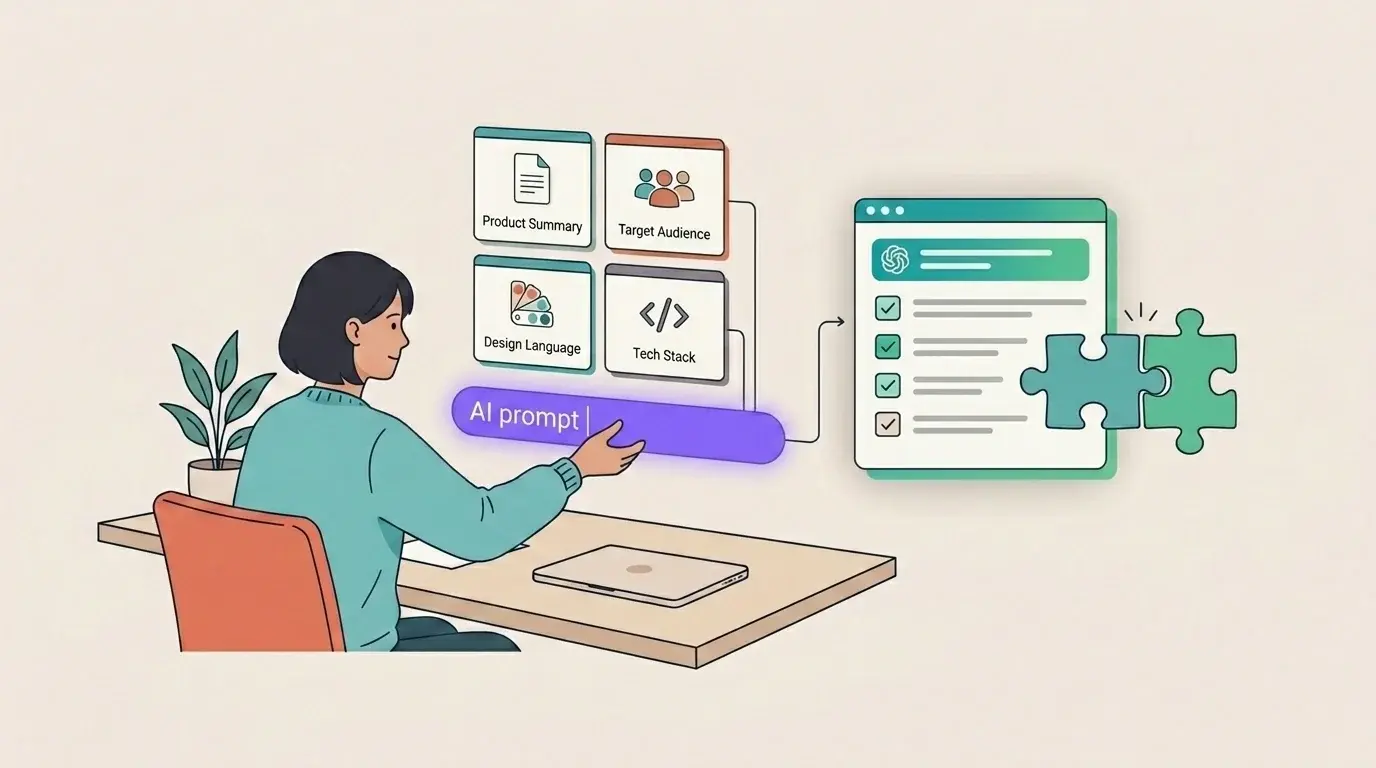 Osoba wprowadza kontekst produktu do promptu AI, by wynik był bardziej kompletny i zakorzeniony w rzeczywistości.