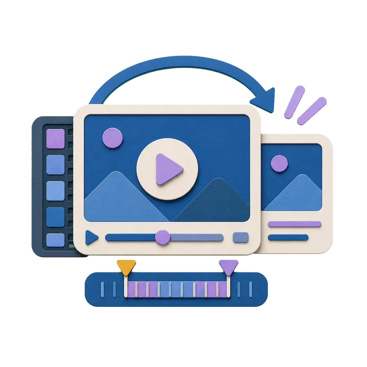 Paper-cut short demo screen with a trimmed video timeline and faster ad-ready pacing
