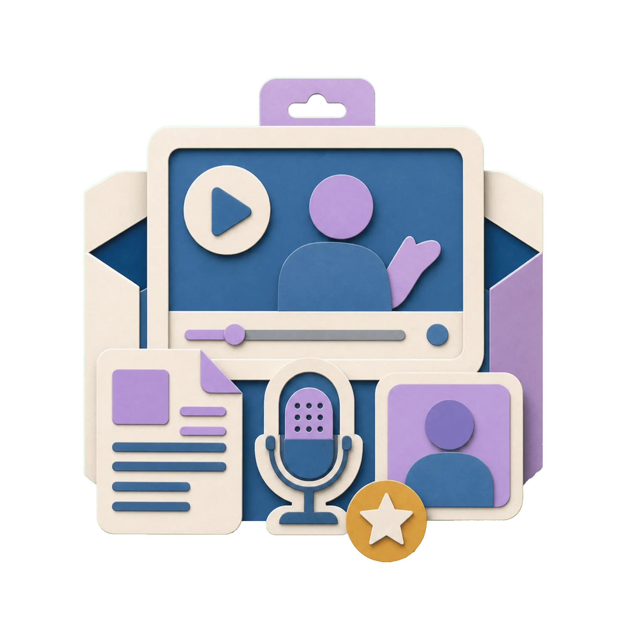 Paper-cut demo video screen with a script card, voice element, and presenter tile