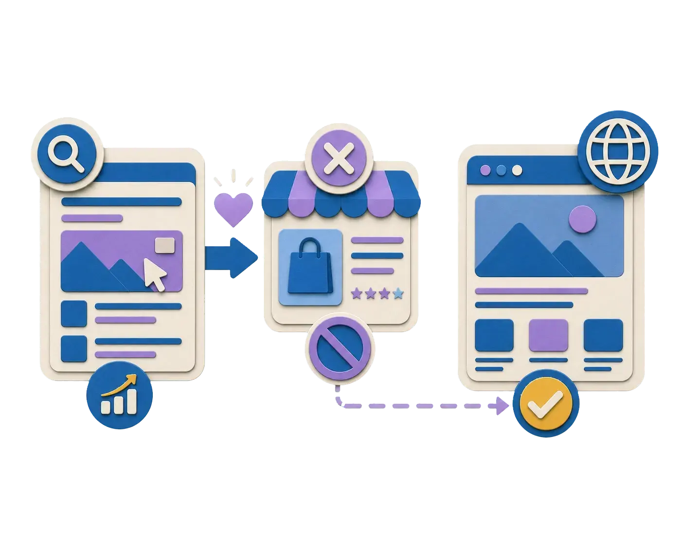 Paper-cut search-intent path blocked by a marketplace page and redirected toward a real owned website