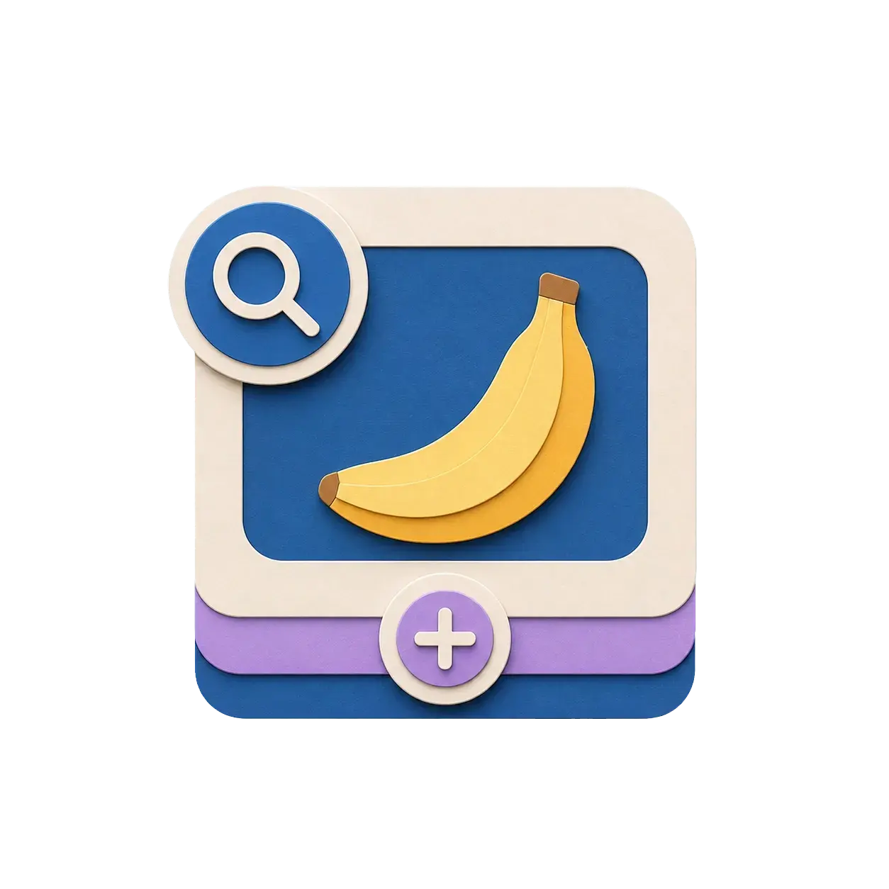 Minimal paper-cut search-and-image card centered on a banana under one unified stack