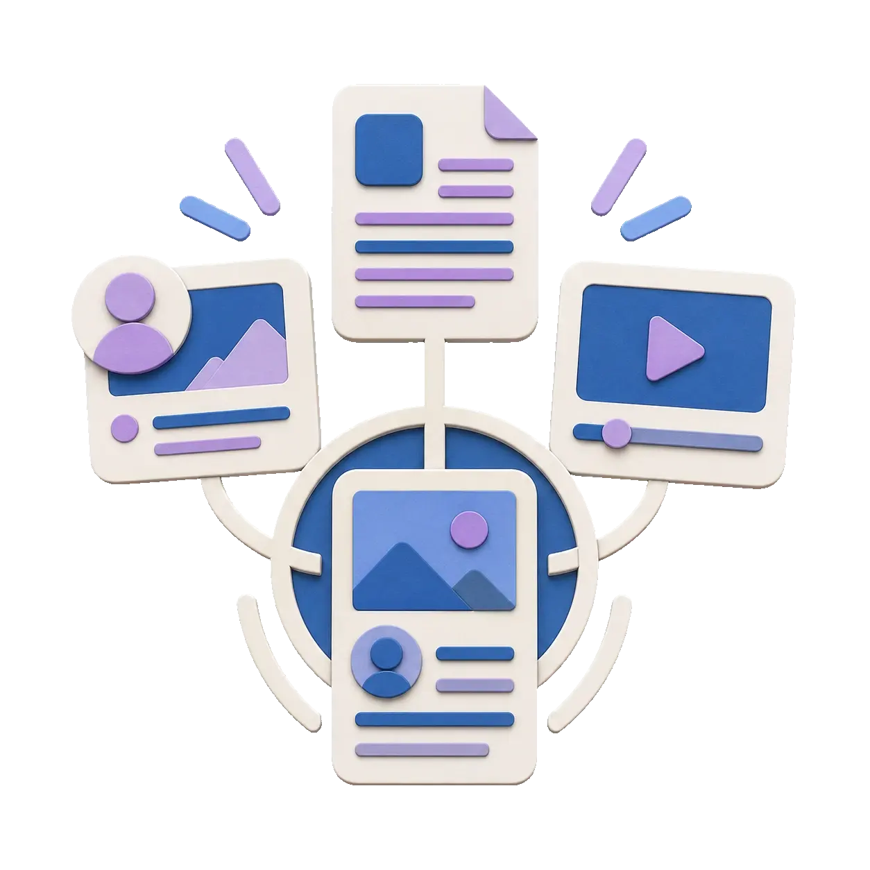 Paper-cut product story card spreading into community post, essay, and video channels