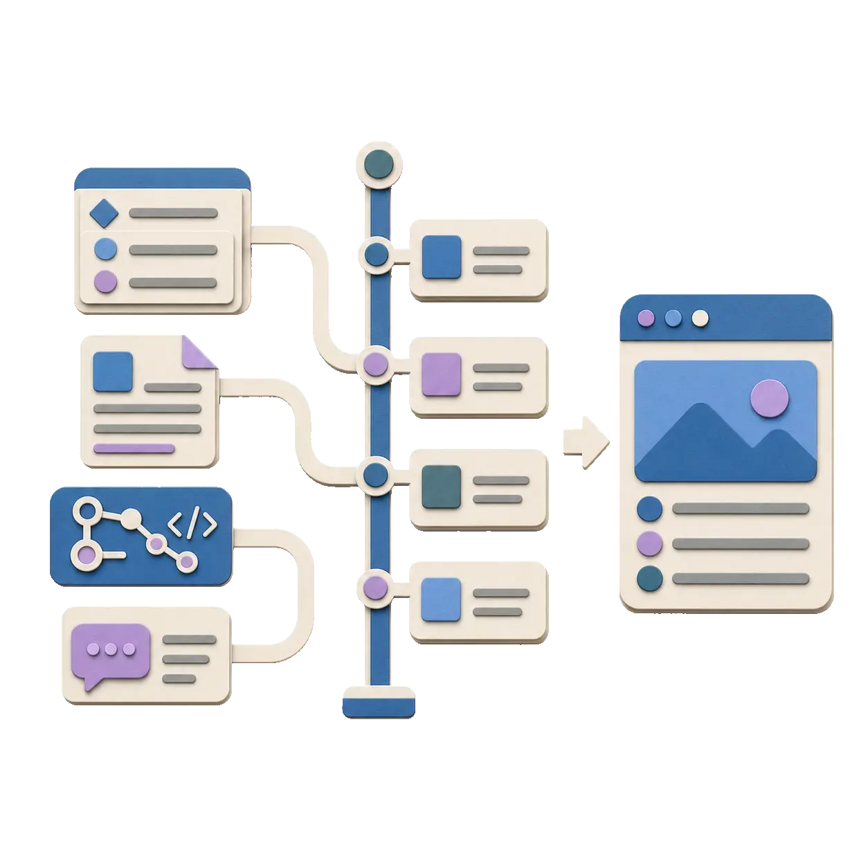 Paper-cut timeline rail assembling product memory from tasks, docs, and history blocks