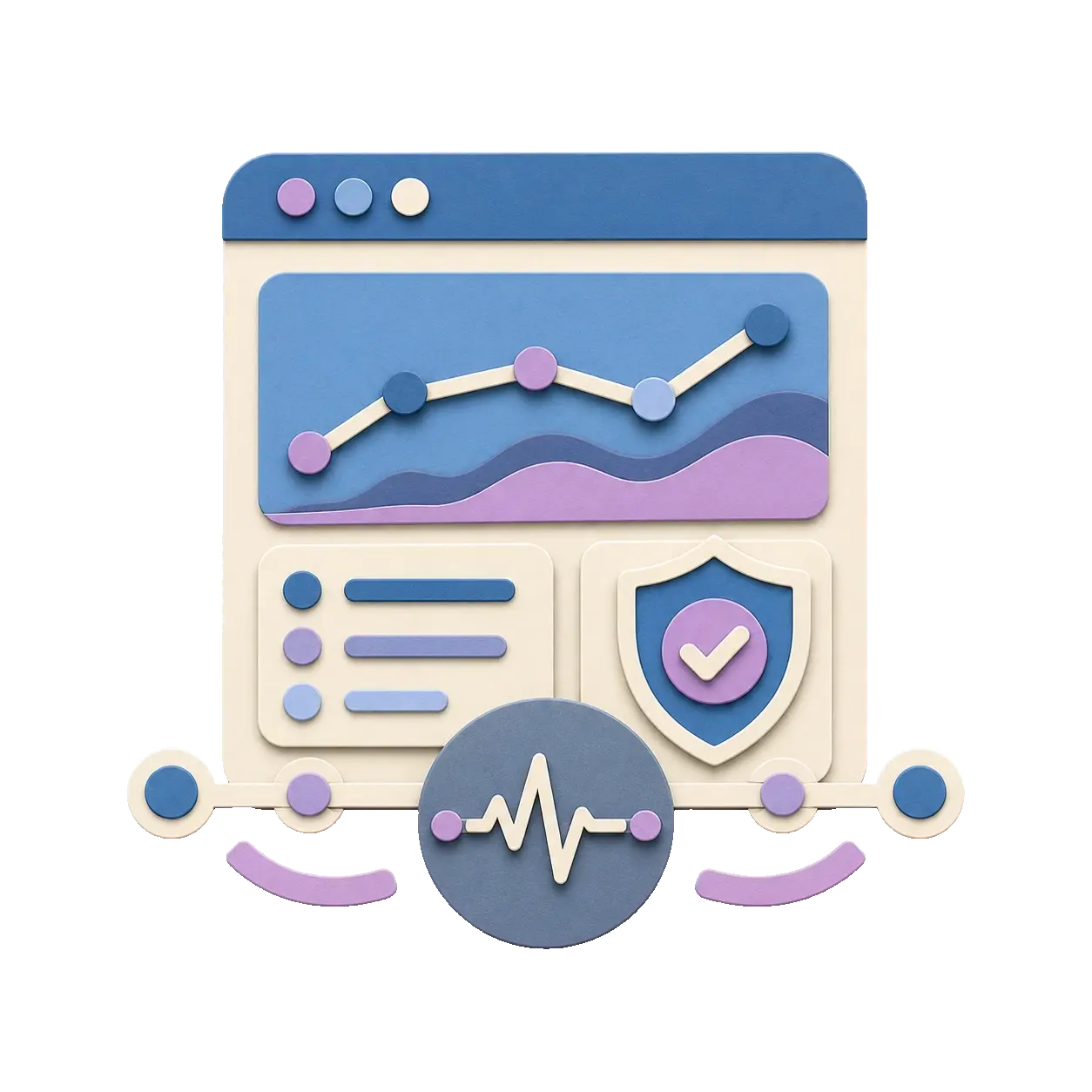 Paper-cut analytics dashboard with usage events, chart line, and a privacy-safe tracking shield