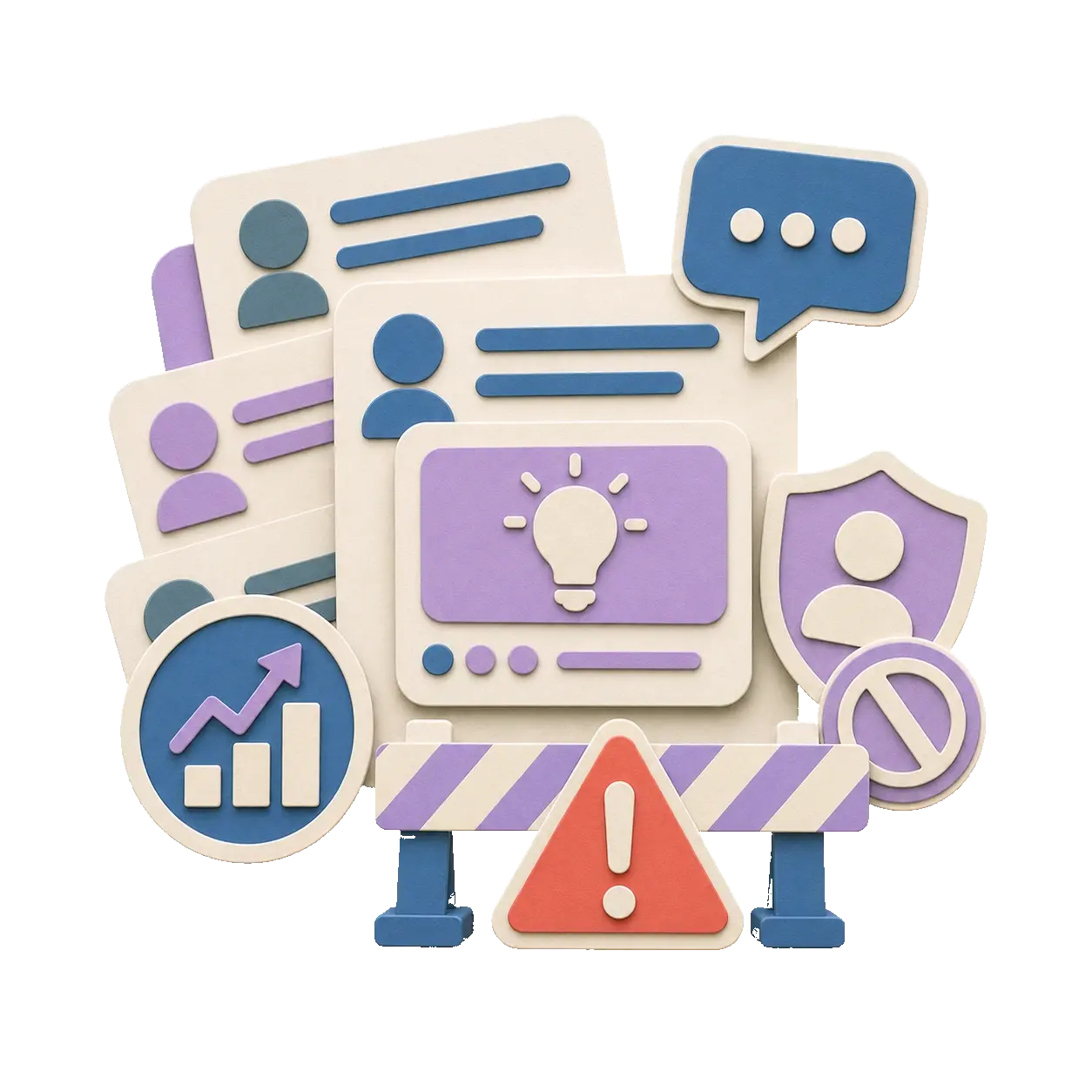 Paper-cut public discussion thread with a signal card, moderation friction, and warning cues