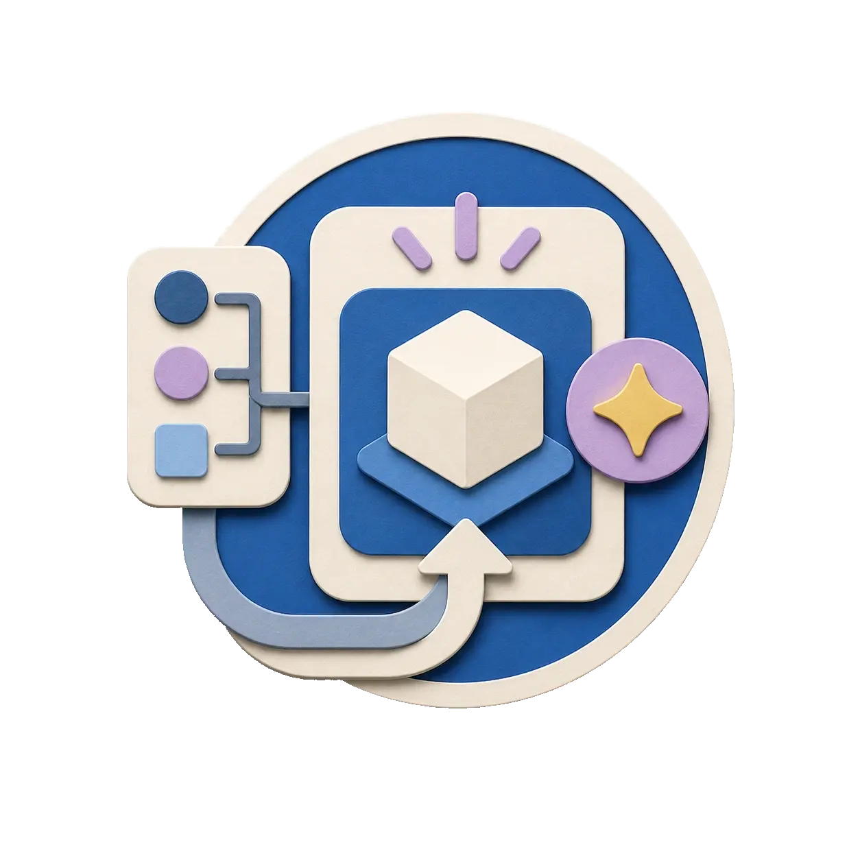 Paper-cut product core with a return path from a side branch back into one focused app
