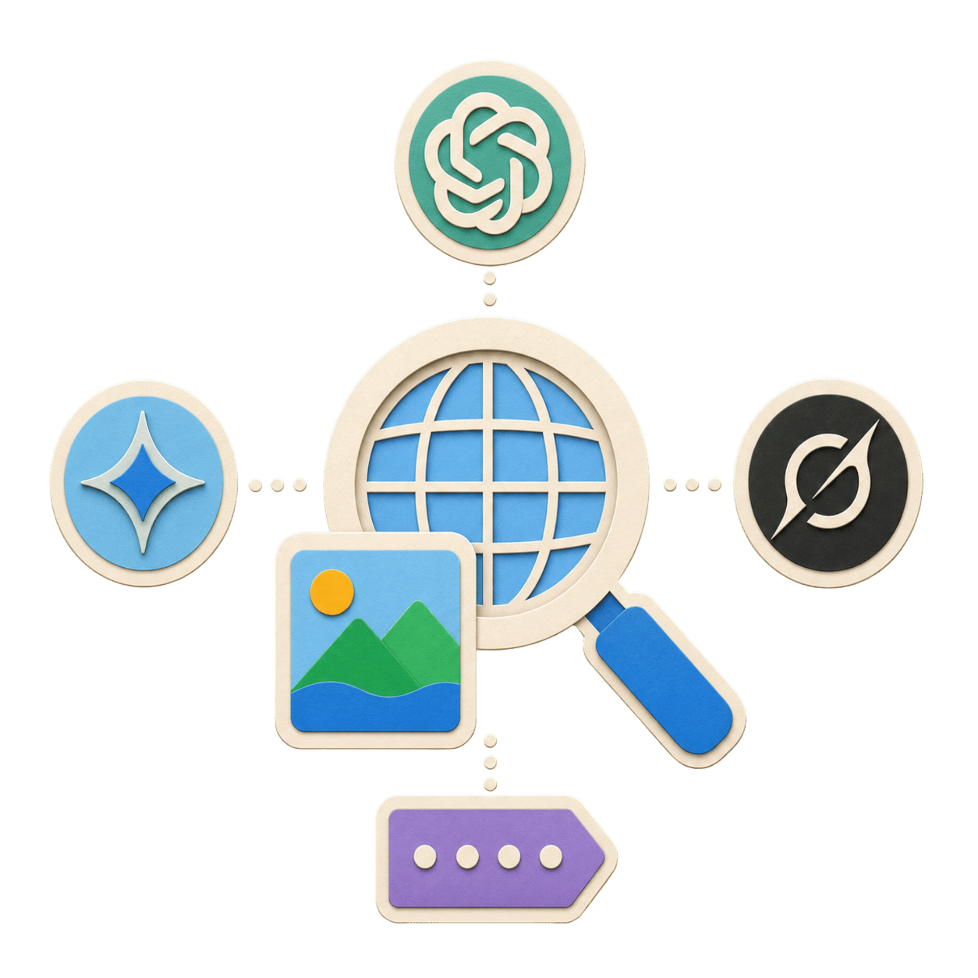 纸质网络搜索符号,带有地球仪和图像卡,周围环绕着 OpenAI、Gemini 和 xAI 标志