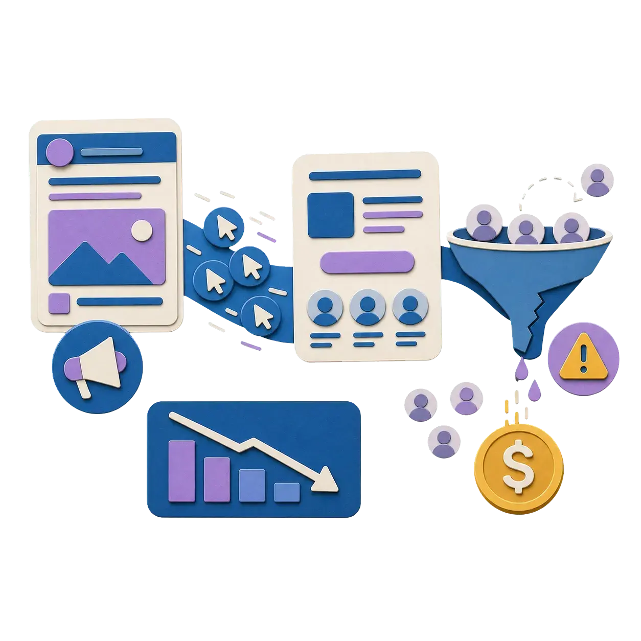 Paper-cut paid traffic funnel showing many ad clicks, weak visitor quality, and failing economics
