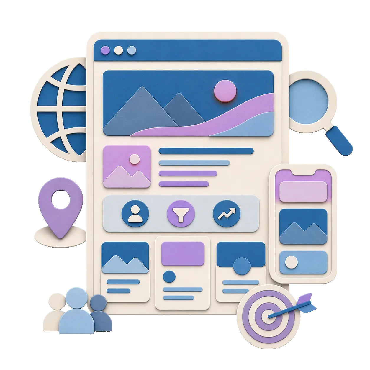 Paper-cut landing page with localization and discovery blocks for acquisition